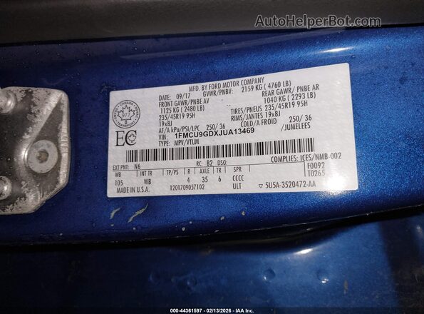 1FMCU9GDXJUA13469 2018 FORD ESCAPE Blue ძრავის განყოფილების ხედი