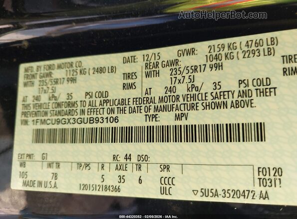 1FMCU9GX3GUB93106 2016 FORD ESCAPE Black 