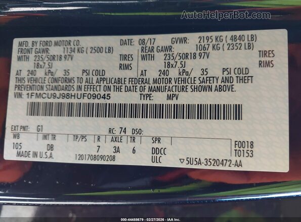 1FMCU9J98HUF09045 2017 FORD ESCAPE Black Widok komory silnika