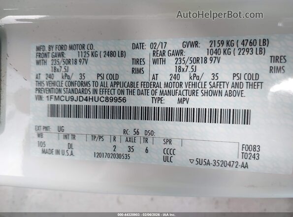 1FMCU9JD4HUC89956 2017 FORD ESCAPE White Vista del compartimento del motor