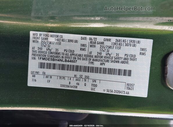 1FMDE5BH4NLB44607 2022 FORD BRONCO Green Widok komory silnika