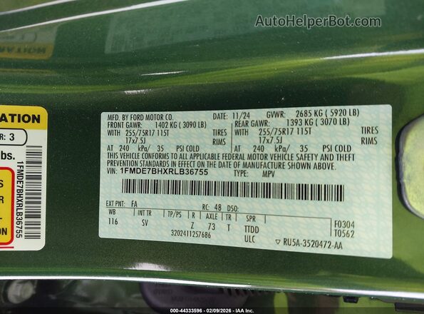 1FMDE7BHXRLB36755 2024 FORD BRONCO Зеленый Вид подкапотного пространства
