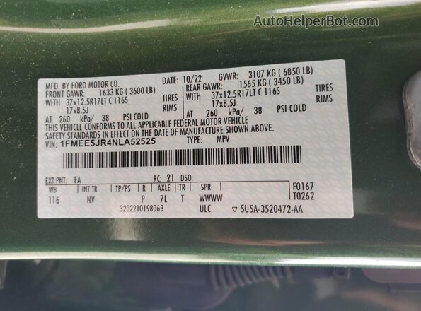 1FMEE5JR4NLA52525 2022 FORD BRONCO Зеленый Вид наклейки с VIN-кодом