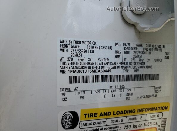 1FMJK1JT5MEA69445 2021 FORD EXPEDITION White Вид наклейки з VIN-кодом