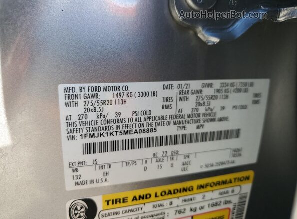 1FMJK1KT5MEA08885 2021 FORD EXPEDITION Silver Vista de la etiqueta del VIN