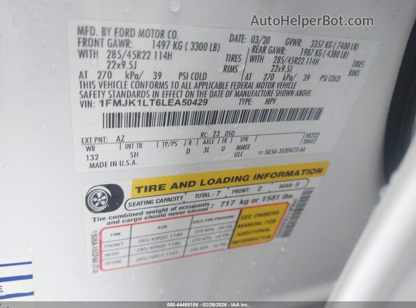 1FMJK1LT6LEA50429 2020 FORD EXPEDITION Белый Вид подкапотного пространства