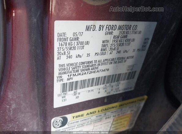 1FMJK2AT2HEA73478 2017 FORD EXPEDITION EL Burgundy ძრავის განყოფილების ხედი