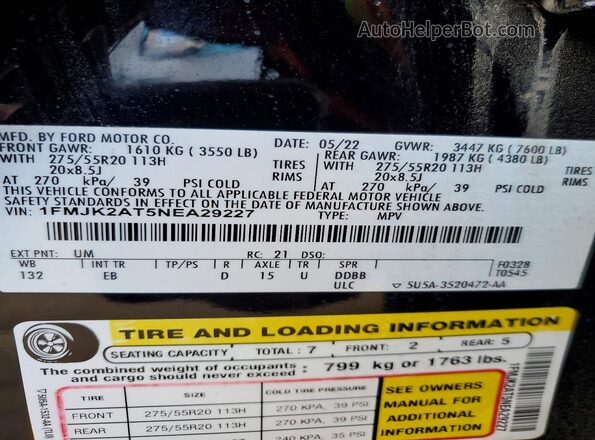 1FMJK2AT5NEA29227 2022 FORD EXPEDITION Black Vista de la etiqueta del VIN