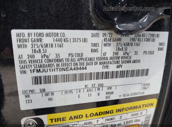1FMJU1HT0NEA49444 2022 FORD EXPEDITION Black Vista del compartimento del motor