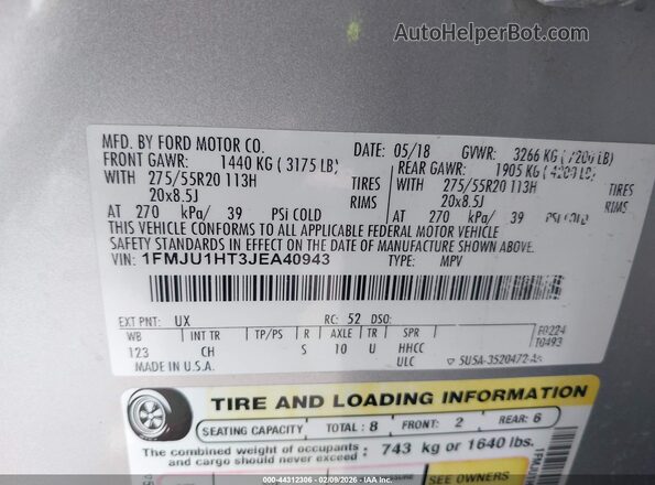 1FMJU1HT3JEA40943 2018 FORD EXPEDITION Silver Շարժիչի բաժամունքի տեսք