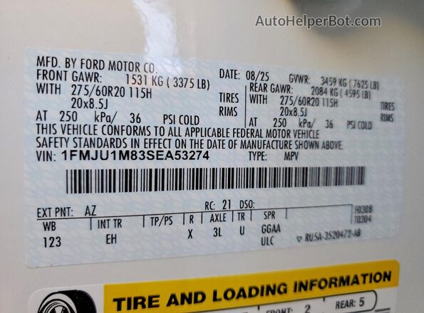 1FMJU1M83SEA53274 2025 FORD EXPEDITION White Вид наклейки з VIN-кодом