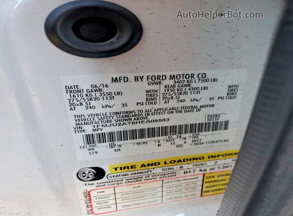 1FMJU2AT6HEA09583 2017 FORD EXPEDITION Белый Вид наклейки с VIN-кодом