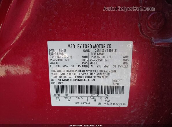 1FMSK7DH1MGA94653 2021 FORD FORD EXPLORER Red Вид підкапотного простору