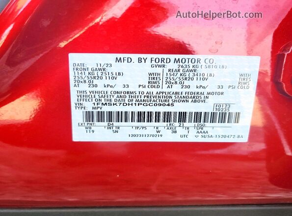 1FMSK7DH1PGC09045 2023 FORD FORD EXPLORER Red სალონის 360-გრადუსიანი ხედი