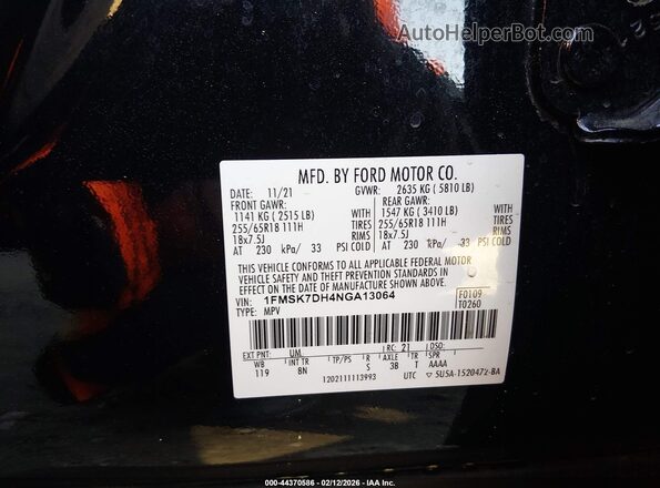 1FMSK7DH4NGA13064 2022 FORD FORD EXPLORER Black Vista del compartimento del motor