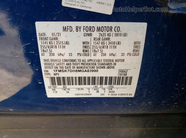 1FMSK7DH8MGA83990 2021 FORD FORD EXPLORER Blue VIN კოდის სტიკერის ხედი