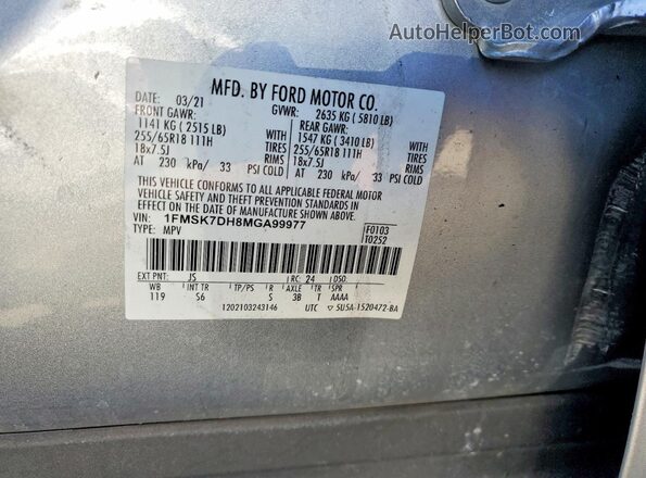 1FMSK7DH8MGA99977 2021 FORD FORD EXPLORER Gray Вид наклейки з VIN-кодом