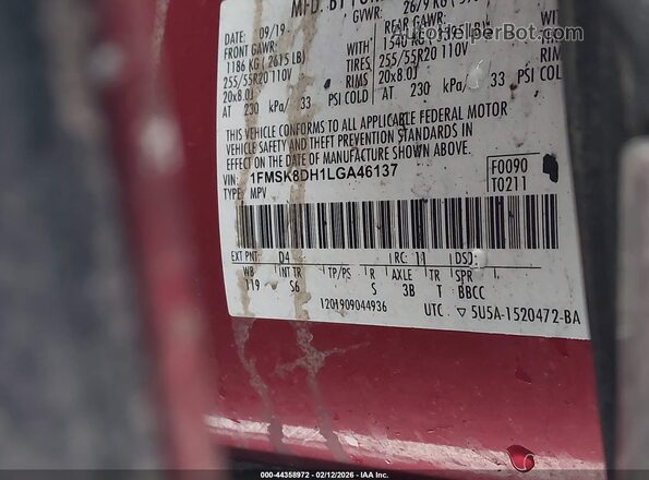 1FMSK8DH1LGA46137 2020 FORD FORD EXPLORER Red Widok komory silnika