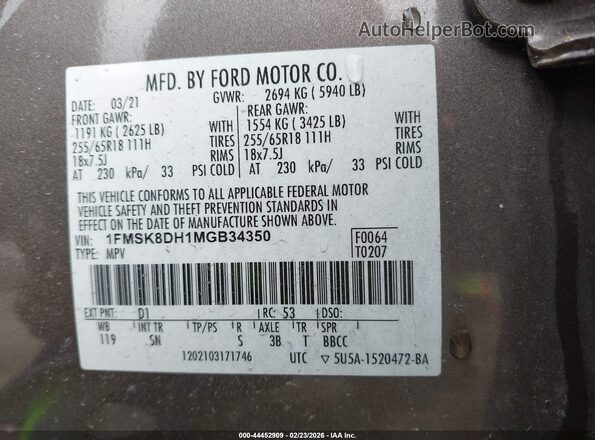 1FMSK8DH1MGB34350 2021 FORD FORD EXPLORER Dark Brown Вид підкапотного простору
