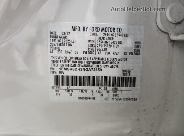 1FMSK8DH3NGA72659 2022 FORD FORD EXPLORER White Widok wnętrza 360 stopni