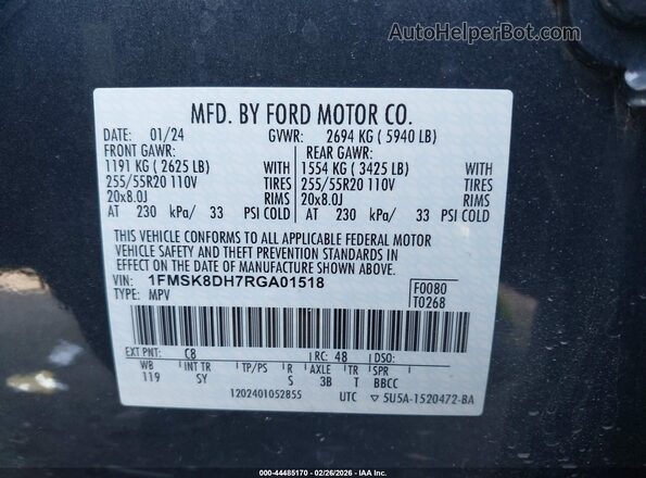 1FMSK8DH7RGA01518 2024 FORD FORD EXPLORER Blue Vista del compartimento del motor