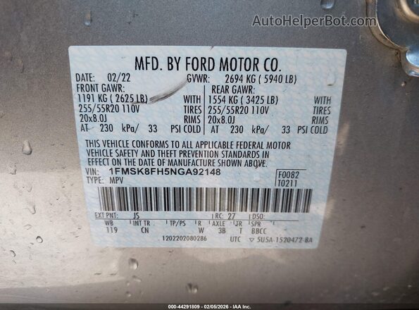 1FMSK8FH5NGA92148 2022 FORD FORD EXPLORER Silver Widok komory silnika