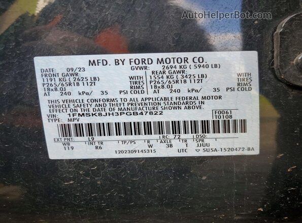 1FMSK8JH3PGB47822 2023 FORD FORD EXPLORER Charcoal VIN կոդի պիտակի տեսք