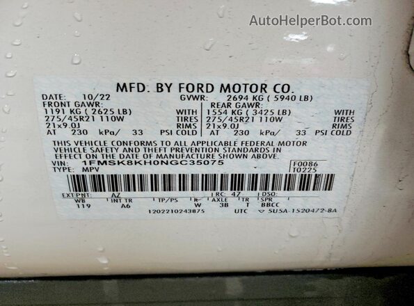 1FMSK8KH0NGC35075 2022 FORD FORD EXPLORER White Widok wnętrza 360 stopni
