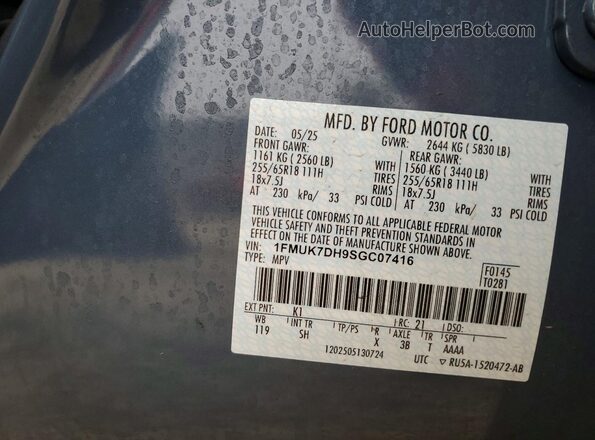 1FMUK7DH9SGC07416 2025 FORD FORD EXPLORER Teal Vista de la etiqueta del VIN