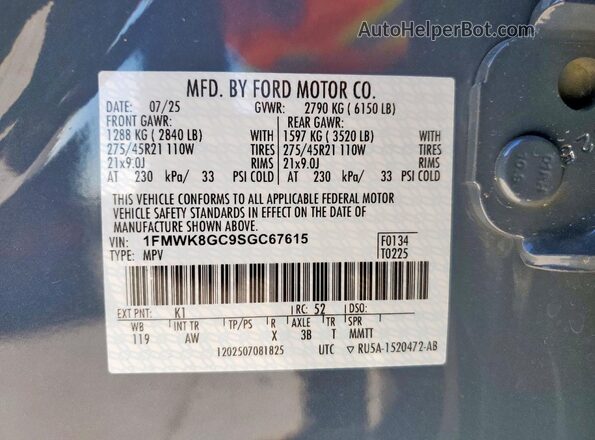 1FMWK8GC9SGC67615 2025 FORD FORD EXPLORER Blue 360 interior view
