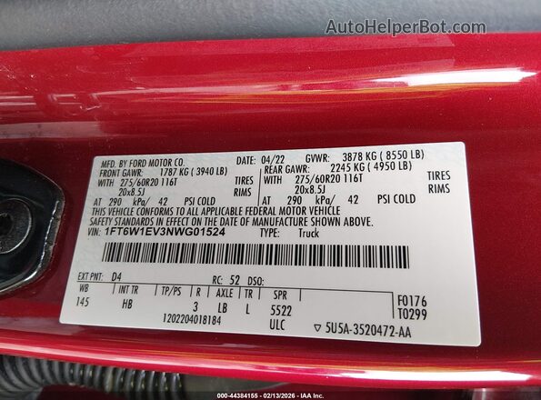 1FT6W1EV3NWG01524 2022 FORD F-150 LIGHTNING Red Engine compartment view