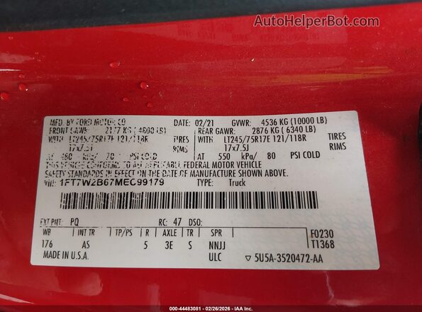 1FT7W2B67MEC99179 2021 FORD F-250 Красный Вид подкапотного пространства
