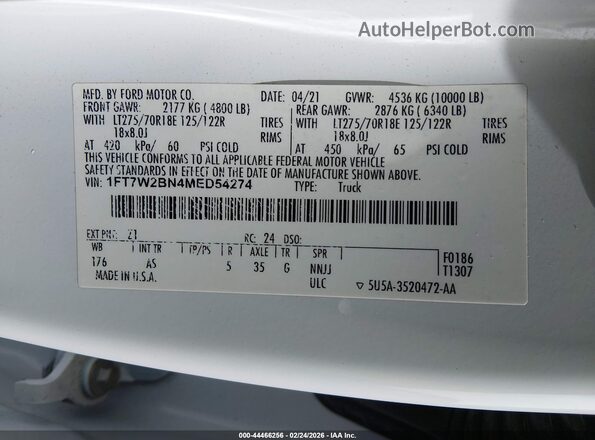 1FT7W2BN4MED54274 2021 FORD F-250 Red Vista del compartimento del motor