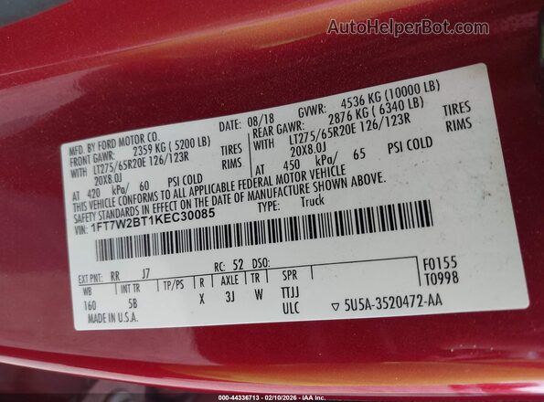 1FT7W2BT1KEC30085 2019 FORD F-250 Burgundy Вид підкапотного простору