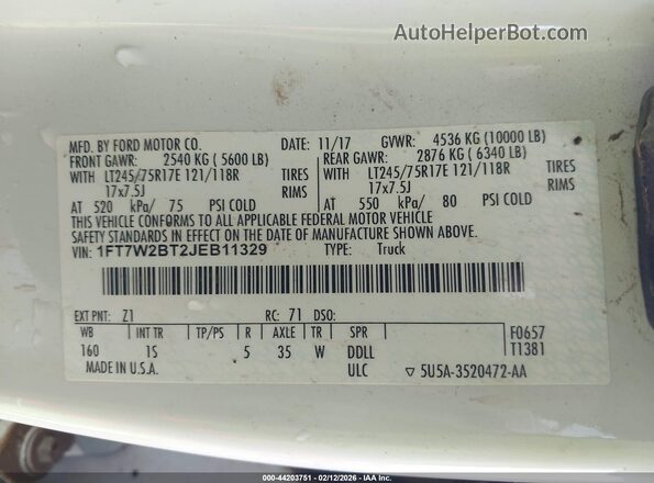 1FT7W2BT2JEB11329 2018 FORD F-250 White Вид підкапотного простору