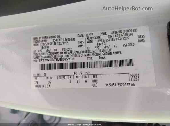 1FT7W2BT5JEB22101 2018 FORD F-250 White 