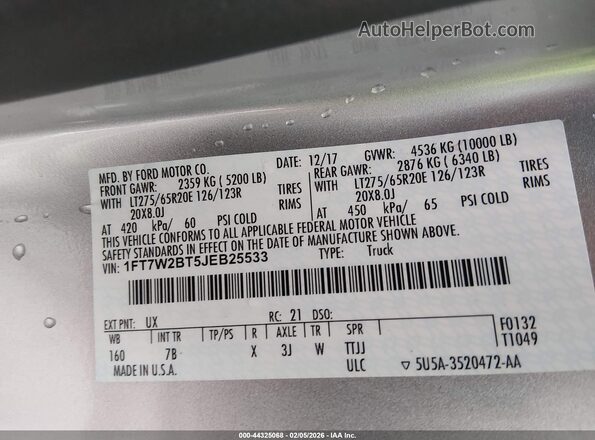 1FT7W2BT5JEB25533 2018 FORD F-250 Silver 