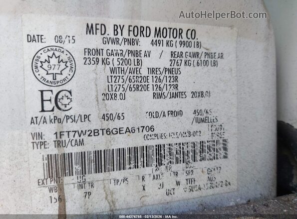1FT7W2BT6GEA61706 2016 FORD F-250 White Vista del compartimento del motor