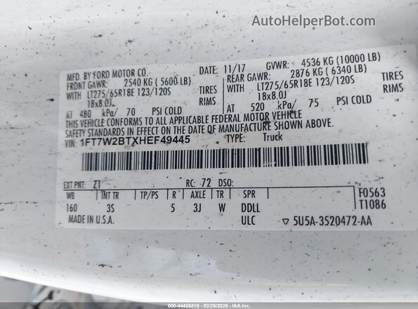 1FT7W2BTXHEF49445 2017 FORD F-250 White Вид підкапотного простору