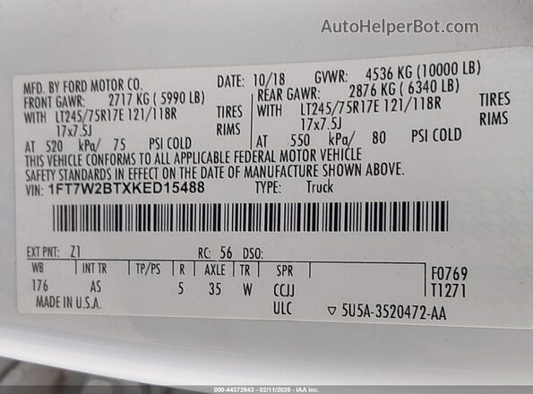 1FT7W2BTXKED15488 2019 FORD F-250 White ძრავის განყოფილების ხედი