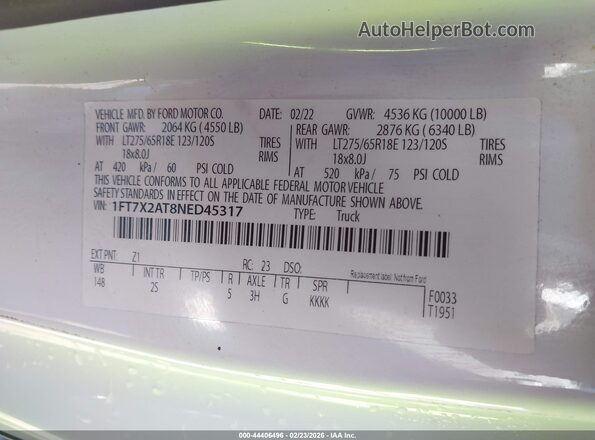 1FT7X2AT8NED45317 2022 FORD F-250 White Vista del compartimento del motor