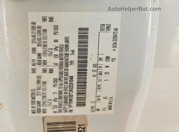 1FT8W3BT3KEE91048 2019 FORD F350 Белый 
