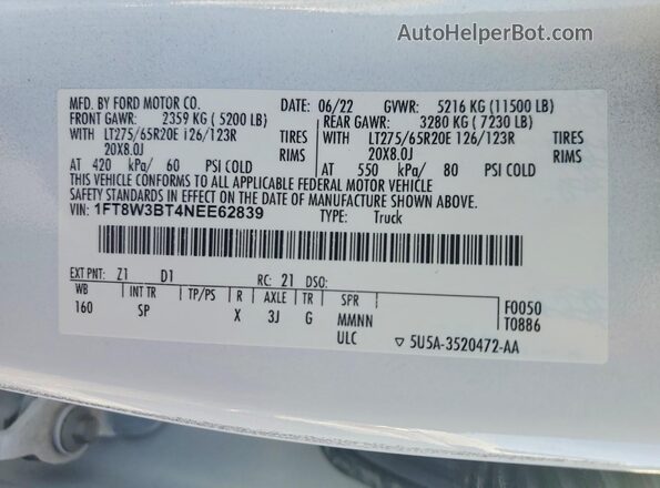 1FT8W3BT4NEE62839 2022 FORD F350 Белый Вид подкапотного пространства