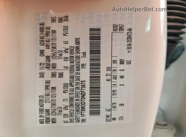 1FT8W3DT0NEF73675 2022 FORD F350 White Widok naklejki z numerem VIN