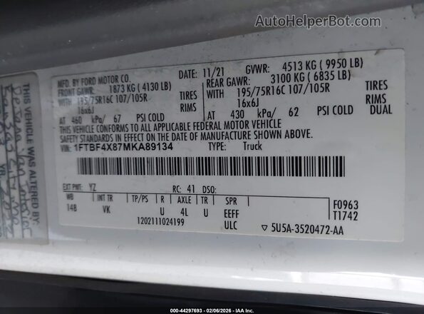 1FTBF4X87MKA89134 2021 FORD TRANSIT-350 White ძრავის განყოფილების ხედი