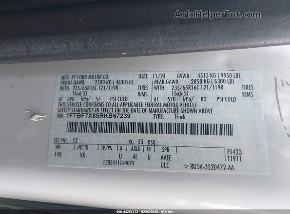 1FTBF7X85RKB67239 2024 FORD T-350 White Widok komory silnika