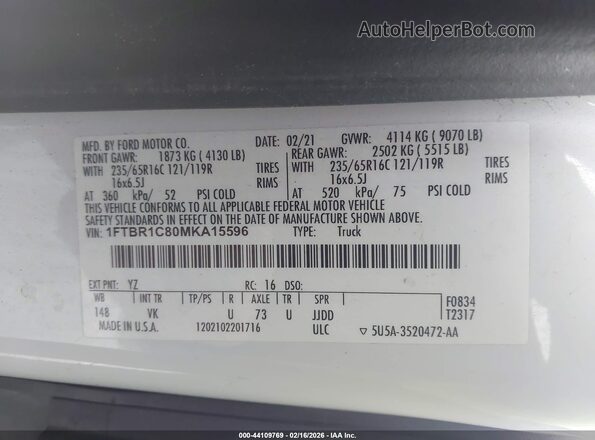 1FTBR1C80MKA15596 2021 FORD TRANSIT-250 White Widok komory silnika
