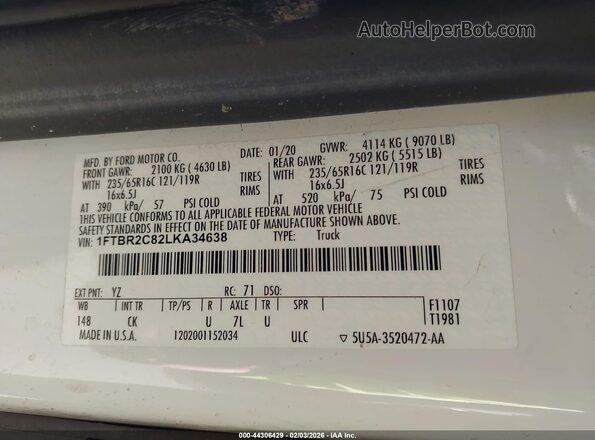 1FTBR2C82LKA34638 2020 FORD TRANSIT-250 White 