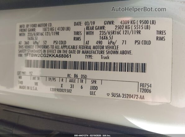 1FTBW2CG2KKA68061 2019 FORD TRANSIT-350 White Widok komory silnika