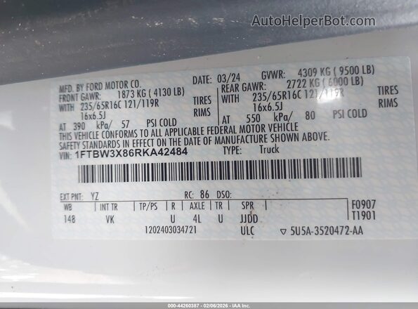 1FTBW3X86RKA42484 2024 FORD TRANSIT-350 White Вид підкапотного простору